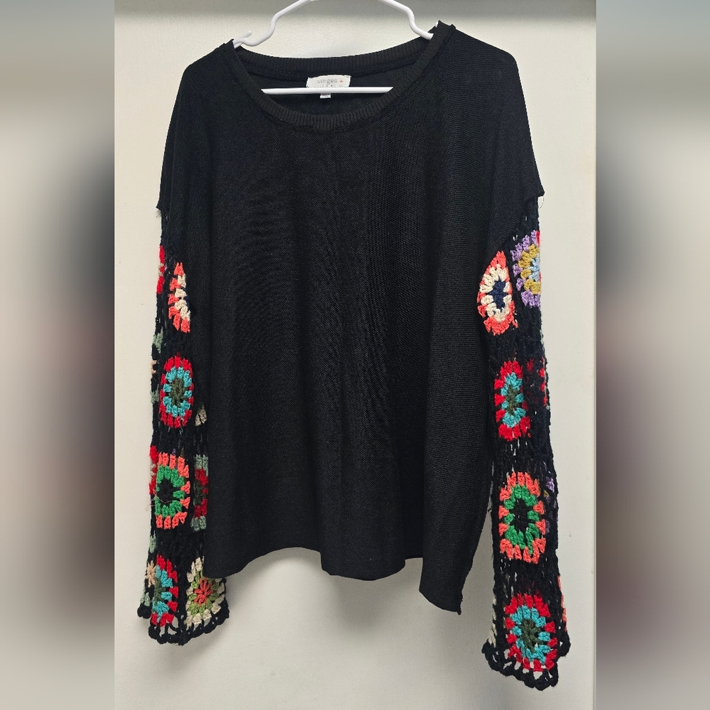 Umgee Black Crochet Sleeve Women's Top